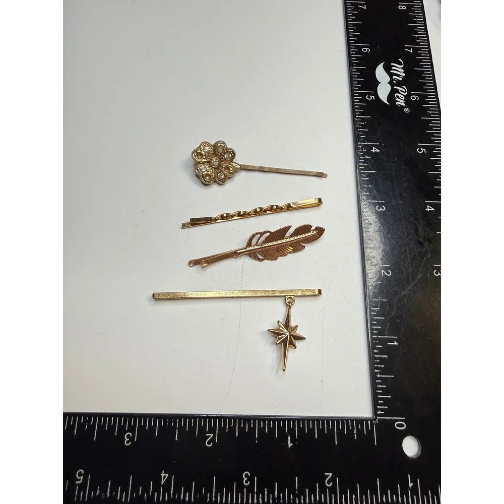 Gold Tone Hair Pin Set Flower Feather North Star Celestial Bobby Pins 4pc